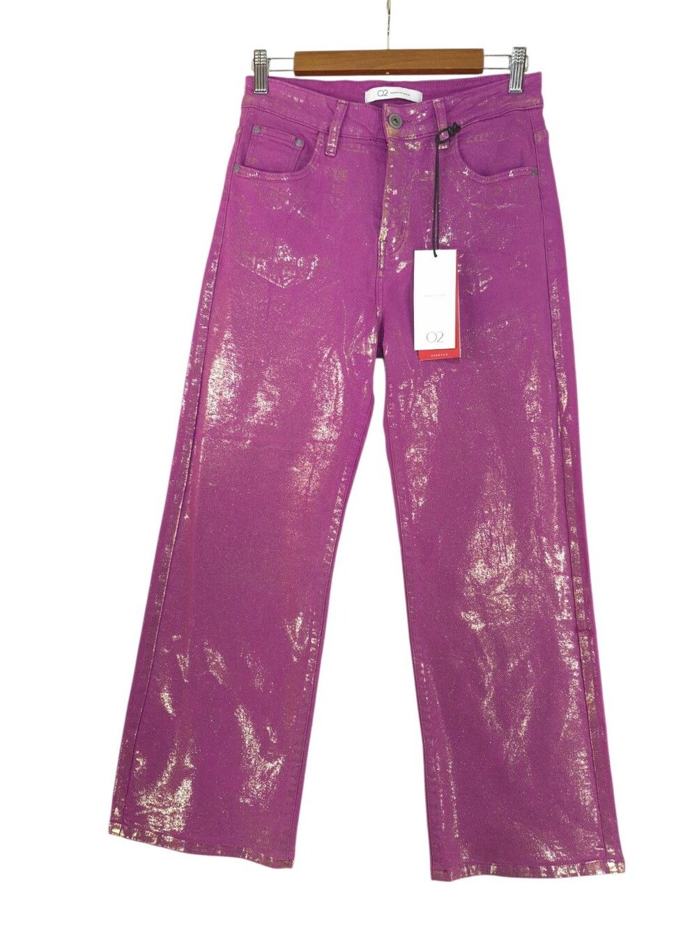 Q2 Premium Denim Womens Fuchsia Metallic Gold Jeans Wide Straight Stretch Large
